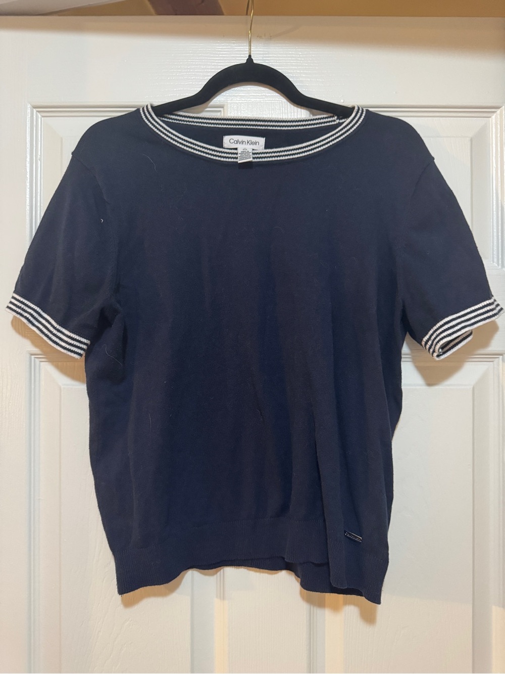Calvin Klein Navy Knit Short Sleeve Top with White Stripe Trim